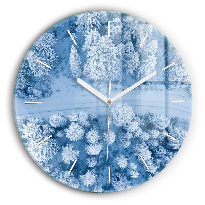 Round glass wall clock Forest in winter