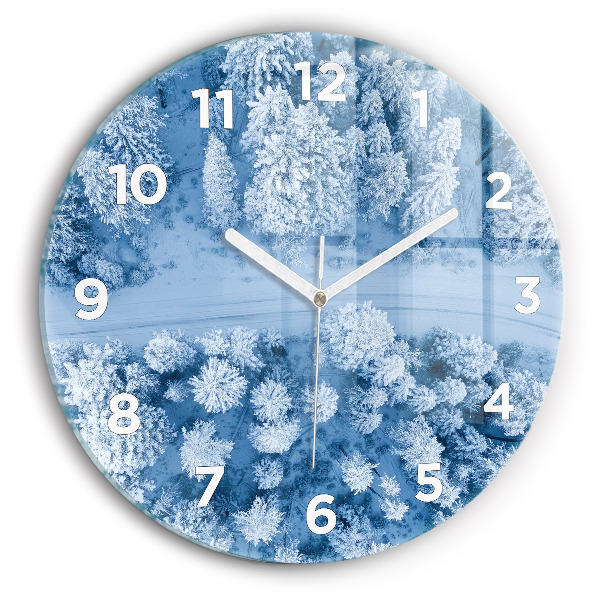 Round glass wall clock Forest in winter