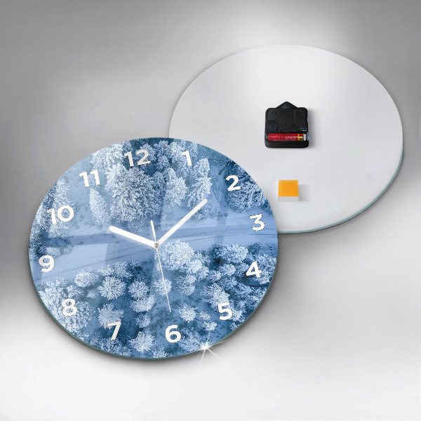 Round glass wall clock Forest in winter