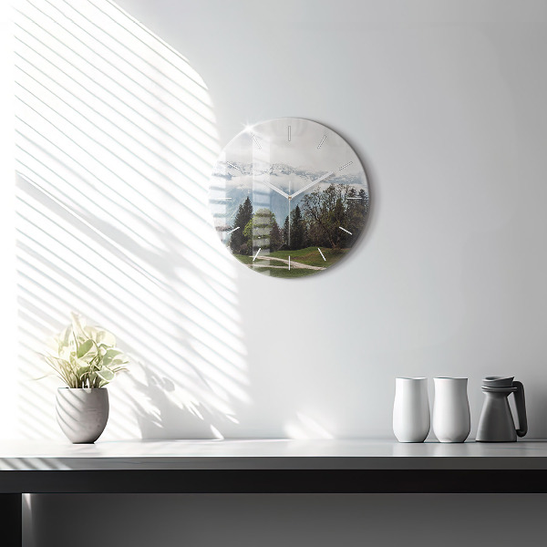 Round glass wall clock Mountain view