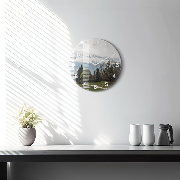 Round glass wall clock Mountain view