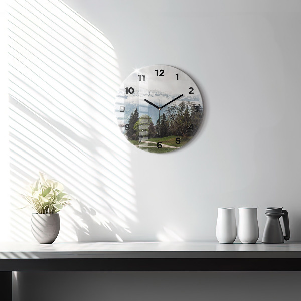Round glass wall clock Mountain view