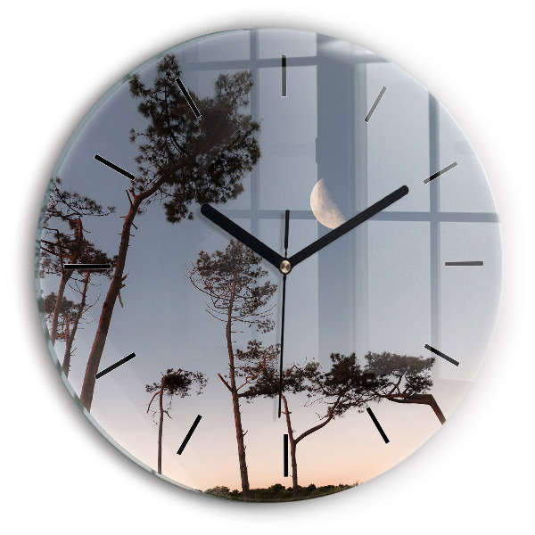 Round glass wall clock Crescent and trees