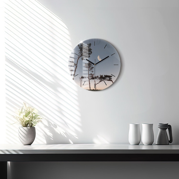 Round glass wall clock Crescent and trees