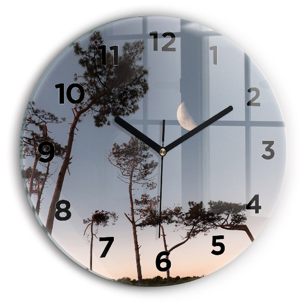 Round glass wall clock Crescent and trees