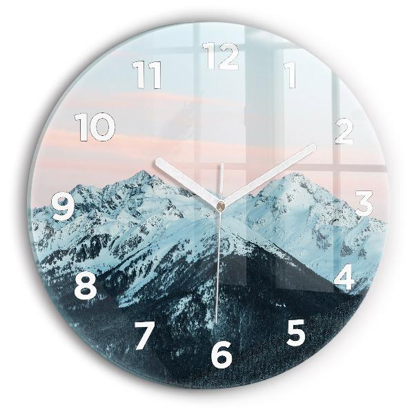 Round glass wall clock Mountain range in winter