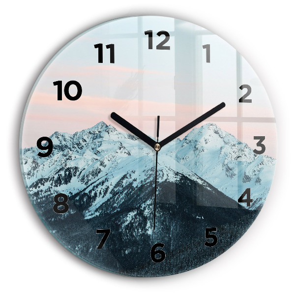 Round glass wall clock Mountain range in winter