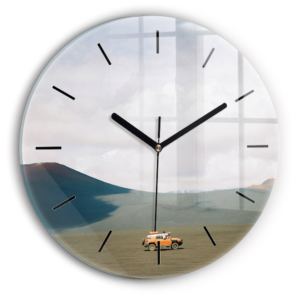 Round glass wall clock Vehicle in the Kamchatka desert