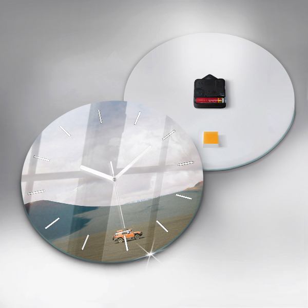 Round glass wall clock Vehicle in the Kamchatka desert