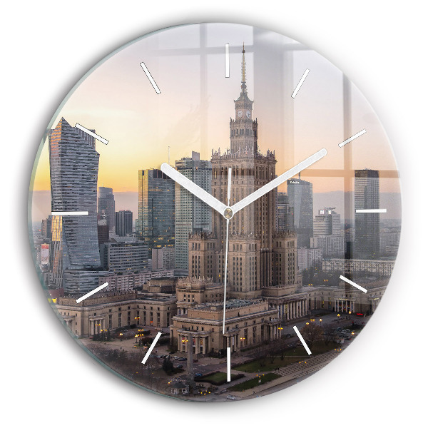 Round glass wall clock Panorama of Warsaw
