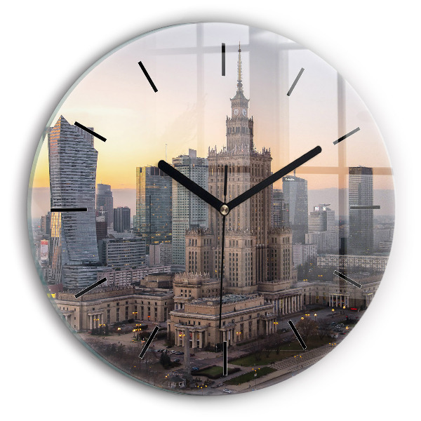 Round glass wall clock Panorama of Warsaw