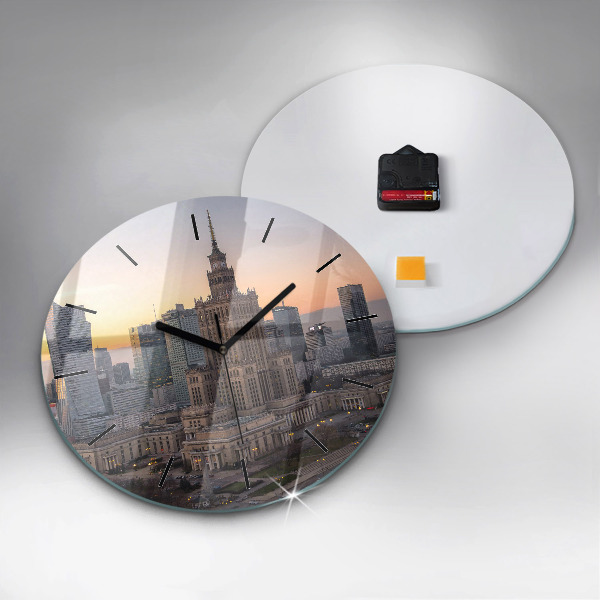 Round glass wall clock Panorama of Warsaw