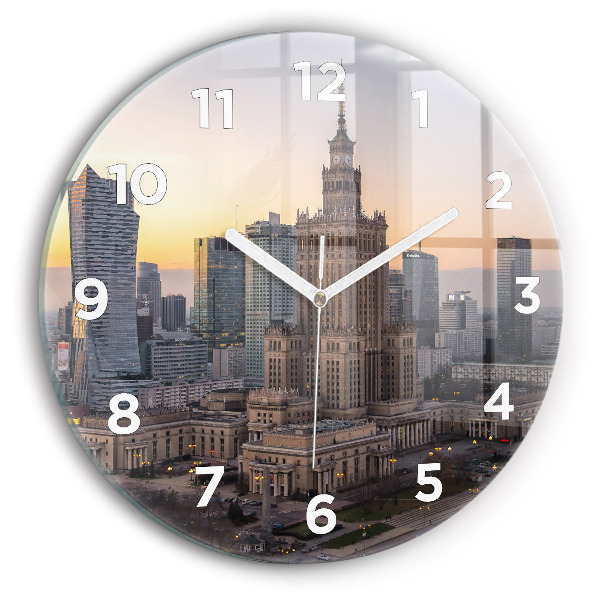 Round glass wall clock Panorama of Warsaw