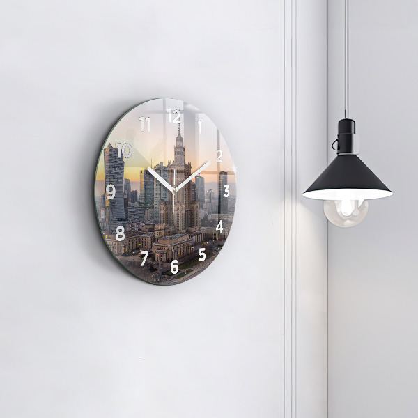 Round glass wall clock Panorama of Warsaw
