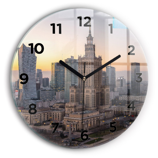 Round glass wall clock Panorama of Warsaw