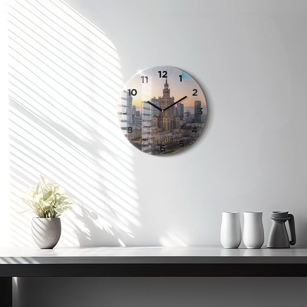Round glass wall clock Panorama of Warsaw
