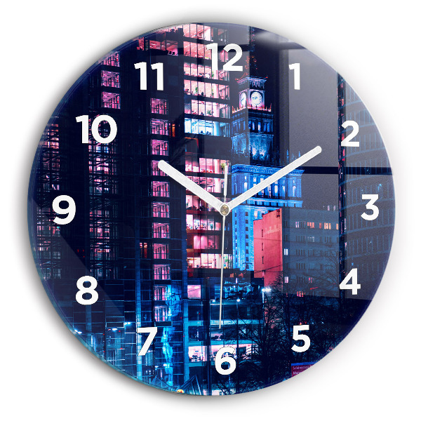 Round glass wall clock Warsaw at night
