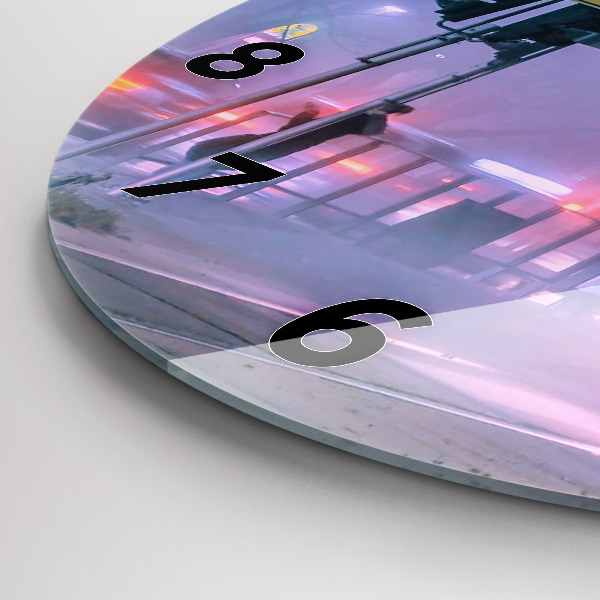 Round glass wall clock Warsaw in the fog