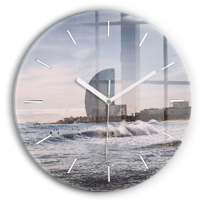 Round glass wall clock Barcelona Surfer