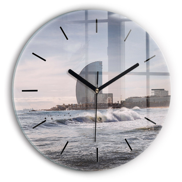 Round glass wall clock Barcelona Surfer