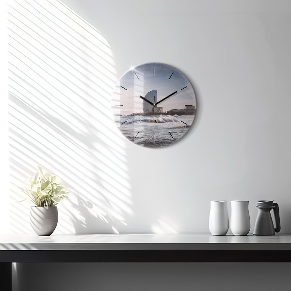 Round glass wall clock Barcelona Surfer