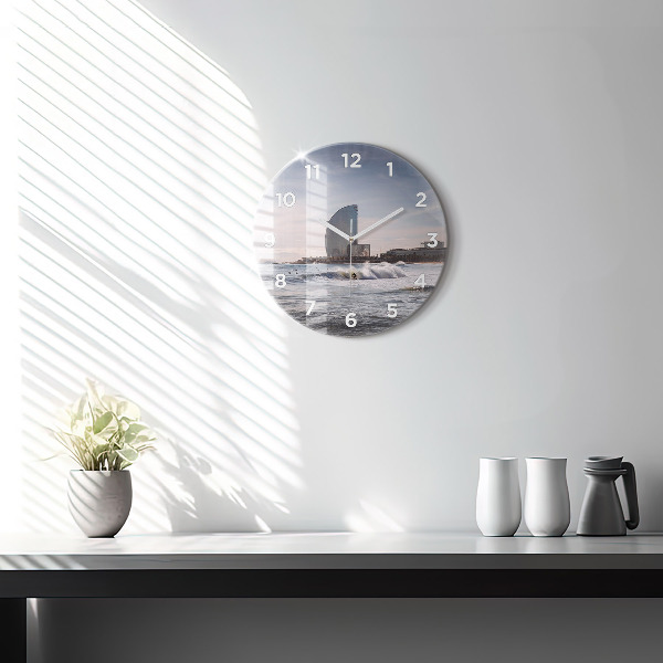 Round glass wall clock Barcelona Surfer