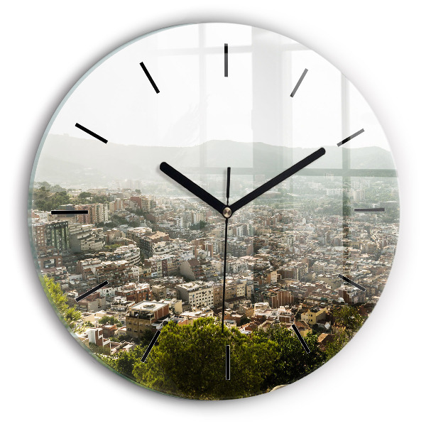 Round glass wall clock Barcelona view Montjuic