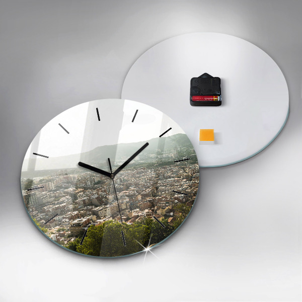 Round glass wall clock Barcelona view Montjuic