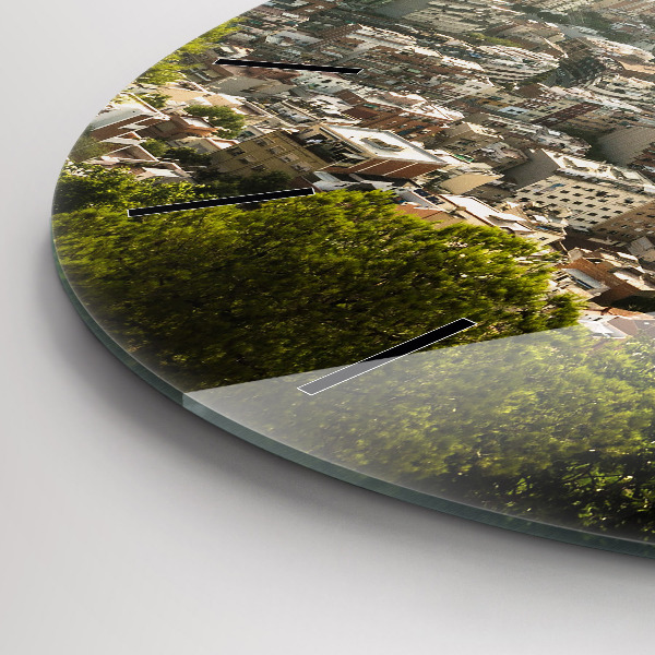 Round glass wall clock Barcelona view Montjuic