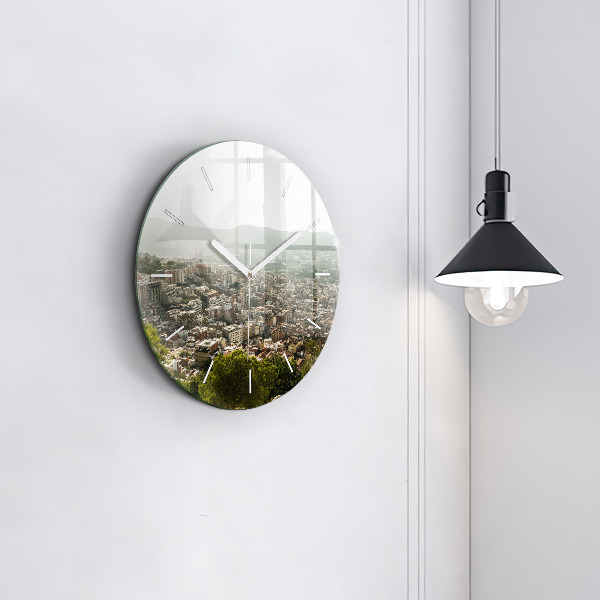 Round glass wall clock Barcelona view Montjuic