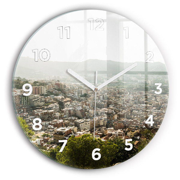 Round glass wall clock Barcelona view Montjuic