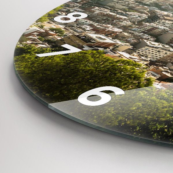 Round glass wall clock Barcelona view Montjuic