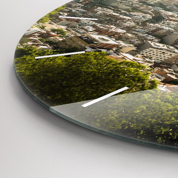 Round glass wall clock Barcelona view Montjuic
