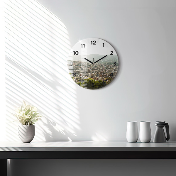 Round glass wall clock Barcelona view Montjuic