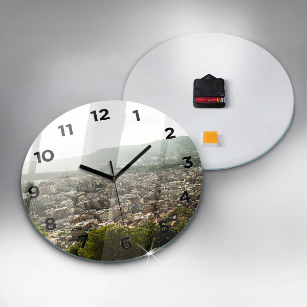 Round glass wall clock Barcelona view Montjuic
