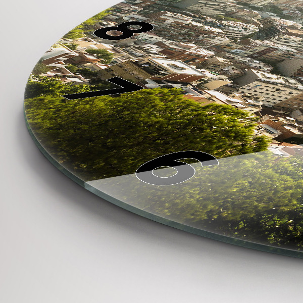 Round glass wall clock Barcelona view Montjuic