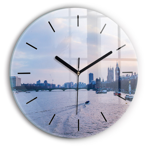 Round glass wall clock London Eye city panorama