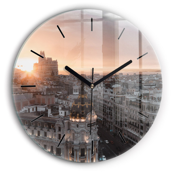 Round glass wall clock Cities at sunset