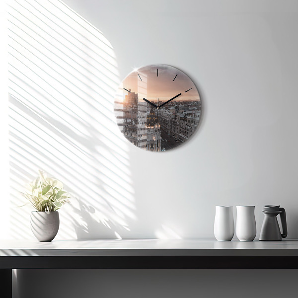 Round glass wall clock Cities at sunset