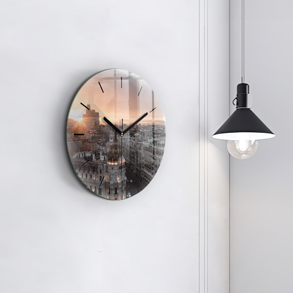 Round glass wall clock Cities at sunset