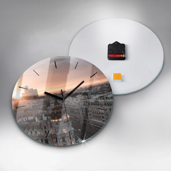 Round glass wall clock Cities at sunset