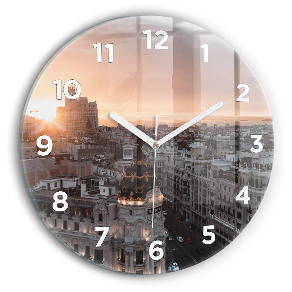 Round glass wall clock Cities at sunset