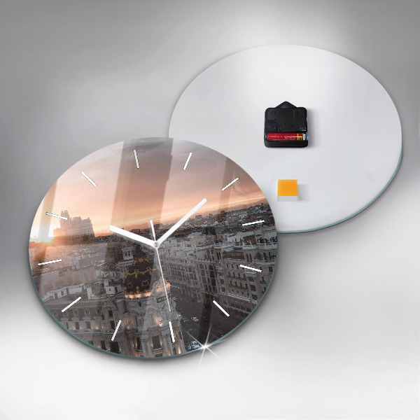 Round glass wall clock Cities at sunset