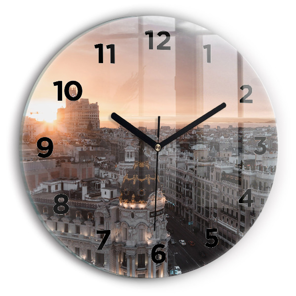 Round glass wall clock Cities at sunset