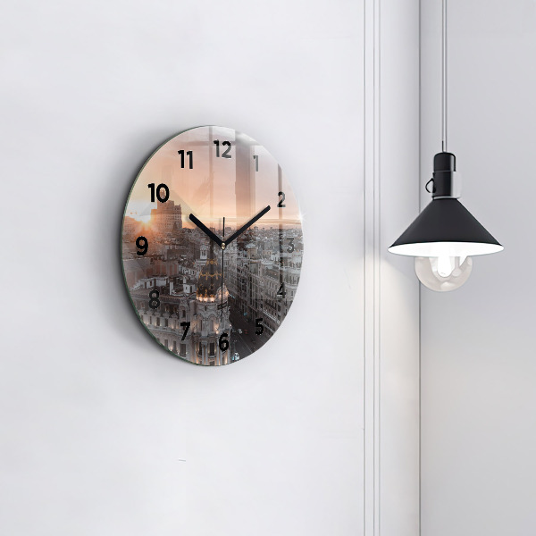 Round glass wall clock Cities at sunset