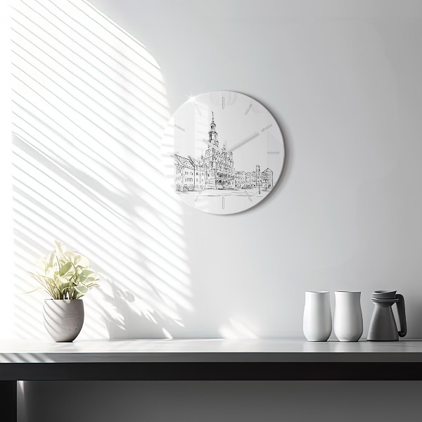 Round glass wall clock Sketch of the old town of Poznań