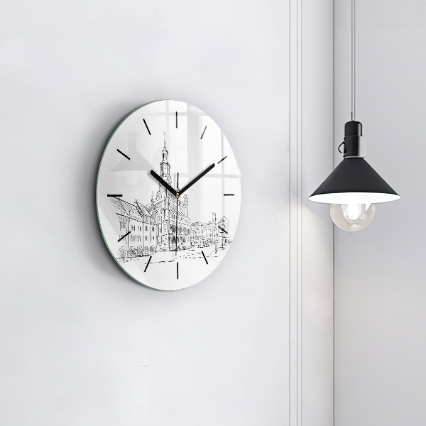 Round glass wall clock Sketch of the old town of Poznań
