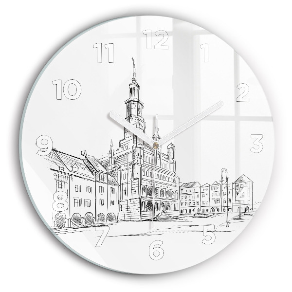 Round glass wall clock Sketch of the old town of Poznań