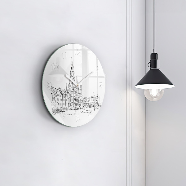 Round glass wall clock Sketch of the old town of Poznań