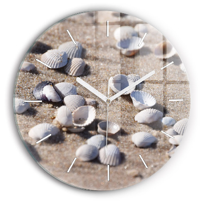 Round glass wall clock Seashells on the beach